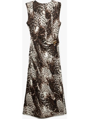 Koton Aksesuar Detaylı Kolsuz U Yaka Yırtmaçlı Uzun Saten Leopar Desenli Elbise