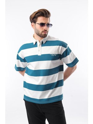 Petrol Mavisi Oversize Renk Bloklu Polo Yaka Tişört E7120