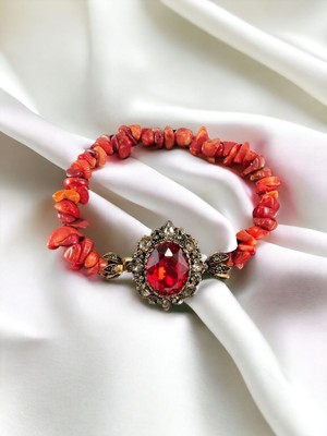 Zirkon Taşlı Kırmızı Mercan Doğal Taş Bileklik