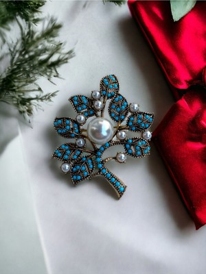 Fayra Accessories Turkuaz Taşlı Ağaç Figürü İnci Broş