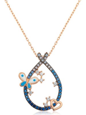 Gümüş Kalpli ve Kelebekli Damla Kolye CSR2180635