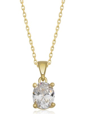 Gümüş Gold Oval Zirkon Taşlı Kadın Kolye CSR2181244
