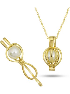 Gümüş Gold Beyaz İncili Kadın Kolye CSR2180968