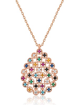 Gümüş Rose Renkli Taşlı Damla Kolye CSR2181167