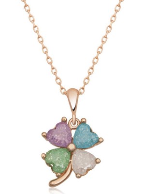 Gümüş Rose Renkli Taşlı Kalp Yonca Kadın Kolye CSR2184431