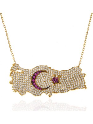 Gümüş Gold Ay Yıldız Türkiye Haritası Kadın Kolye CSR2184741