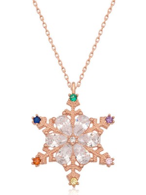 Caseras Gümüş Rose Renkli Taşlı Kar Tanesi Kadın Kolye CSR2184553