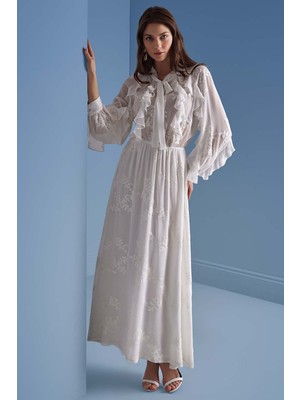 Uzun Kollu Ekru Şifon Elbise