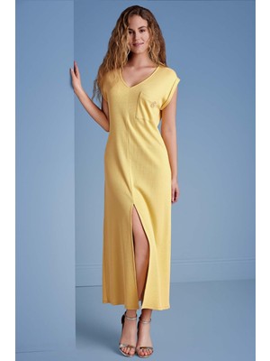 Guitar V Yaka Sarı Kaşkorse Elbise