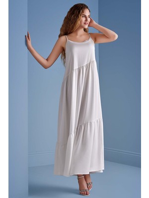 Ribana Yaka Beyaz Saten Elbise