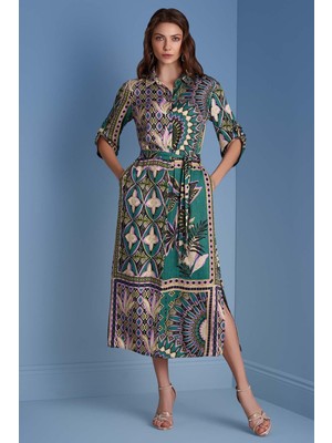 Gömlek Yaka Çok Renkli Desenli Elbise