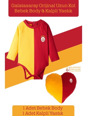 Galatasaray  Lisanslı Uzun Kol Bebek Body Zıbın & Sarı Kırmızı Kalpli Yastık Set
