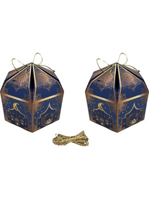 2li Ramazan Hediye Kutusu & Altın Ip Seti (10M), Kandil, Şeker ve Çikolata Kutusu, 16X16X10 cm