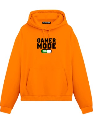 Alex Rosen Gamer Baskılı Turuncu Unisex Oversize Fit Pamuklu Kapüşonlu Sweatshirt