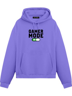 Alex Rosen Gamer Baskılı Mor Unisex Oversize Fit Pamuklu Kapüşonlu Sweatshirt