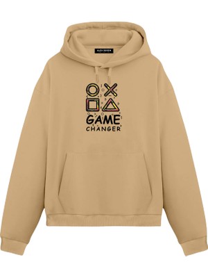 Alex Rosen Gamer Baskılı Kahverengi Unisex Oversize Fit Pamuklu Kapüşonlu Sweatshirt