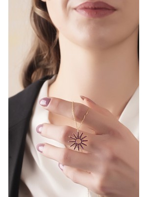 925 Ayar Gümüş, Gold Kaplamalı Ruby Taşlı Güneş Kolye