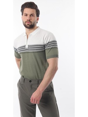 Beyaz Fermuarlı Polo Yaka Desenli Erkek T-Shirt E7296
