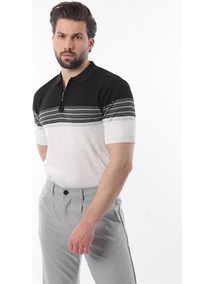 Siyah Fermuarlı Polo Yaka Desenli Erkek T-Shirt E7296