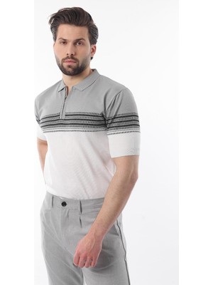 Gri Fermuarlı Polo Yaka Desenli Erkek T-Shirt E7296