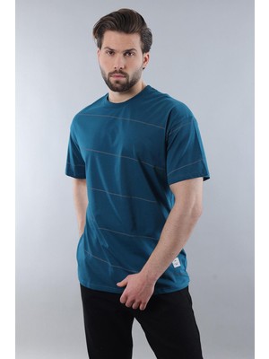 Petrol Mavisi Bisiklet Yaka Basic Çizgili Erkek T-Shirt E7102