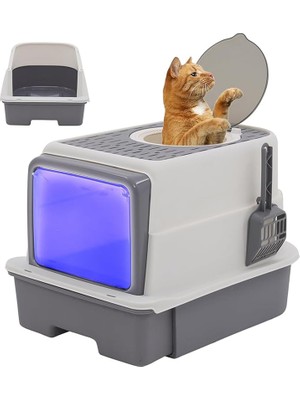 Techtic Lüx Büyük Boy Kapalı Kedi Tuvaleti Koku Giderme Üst Kapaklı(Boyun Kaşımalı)Çekmeceli Kürekli