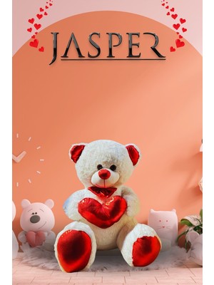 BEYAZ-03040 Papyonlu Parlak Kalpli Sevimli Ayıcık - 45 cm