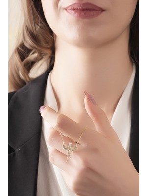 925 Ayar Gold Kaplamalı Beyaz Taşlı Kanatlı Melek Gümüş Kolye