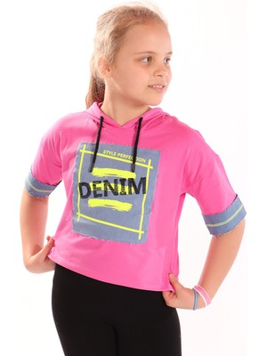 Toontoy Kız Çocuk Denım Baskılı Kapüşonlu Tişört