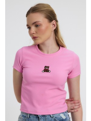 Rays 2199 Ayıcık Nakışlı Kısa Kol Bluz Pembe