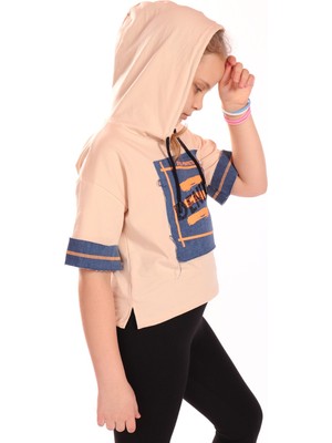 Toontoy Kız Çocuk Denım Baskılı Kapüşonlu Tişört