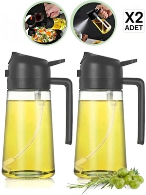 2'li Çift Fonksiyonlu Cam Yağdanlık  Zeytinyağı Sıvıyağ Şişesi Airfryer Sprey Yağlık Sirkelik 450ML