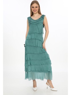 Italyan  2 Beden Ince Gösteren Kat Kat Kolsuz Ipek Elbise