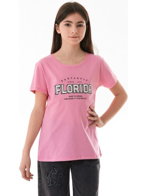 %100 Pamuk Florida Yazı Baskılı Kız Çocuk Tişört
