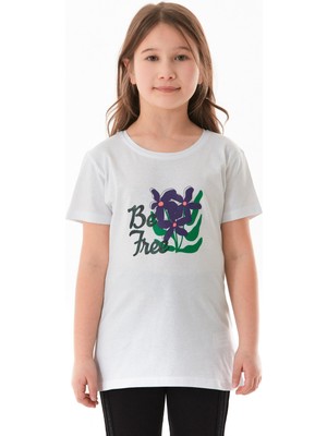 %100 Pamuk Önü ve Arkası Çiçek Baskılı Kız Çocuk Tişört