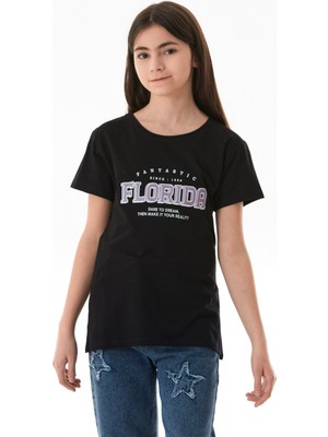 %100 Pamuk Florida Yazı Baskılı Kız Çocuk Tişört