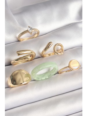 ForWhat Zarif Kadın İçin Golden Pirinç Zirkon Işli Plaka Beyaz Halka Mineli Altılı Yüzük Seti