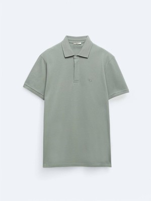 Haki Düz Polo Yaka %100 Pamuk T-Shirt