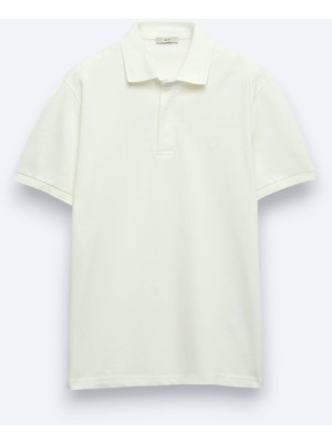 Kırık Beyaz Düz Polo Yaka %100 Pamuk T-Shirt