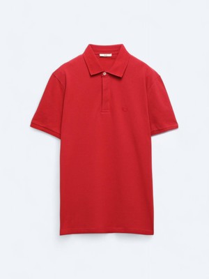 Kip Kırmızı Düz Polo Yaka %100 Pamuk T-Shirt
