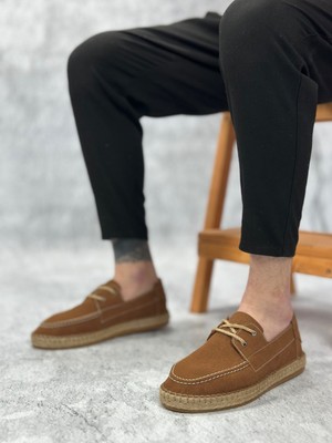 BA0358 BOA Doğal Deri Tozu Bağcıklı Kauçuk El Yapımı Espadril Taban Taba Renk Erkek Ayakkabı