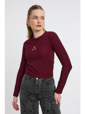 Rays 2200 Ayıcık Nakışlı Bisiklet Yaka Bluz Bordo