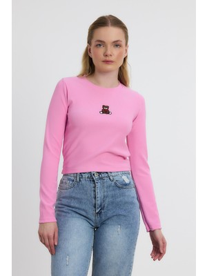 Rays 2200 Ayıcık Nakışlı Bisiklet Yaka Bluz Pembe