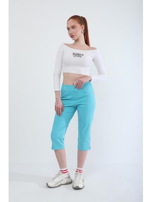 Kadın Likralı Esnek Jean Kapri Turkuaz