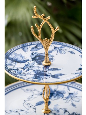 Acar Freesia Seramik Katlı Kurabiyelik 23 cm Mavi Çiçek Desenli Şık Tasarım