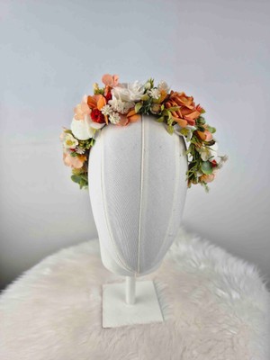 TT Organizasyon Turuncu Yeşil Krem Çiçekli Gelintacı