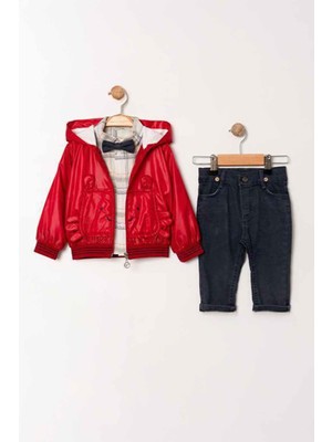 Miniğimin Cicileri Organik Kedicik Desenli Ekose Gömlekli Erkek Bebe 3 lü takım - Kırmızı