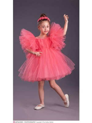 Kız Çocuk Tütü Etekli Kabarık Kollu Komotini Taçlı  Abiye Elbise 1662NÇ