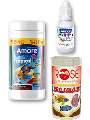 Amore Lepistes-Melek-Plati-Moli Tropical Mix 125ml, Rose Pro Colour 100ml Balık Yemi, Multivitamin