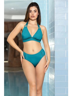 Kadın Turkuaz Halka Detaylı Boyundan Bağlamalı  Astarlı Büyük Üçgen Bikini Takım HZL24S-AR1763